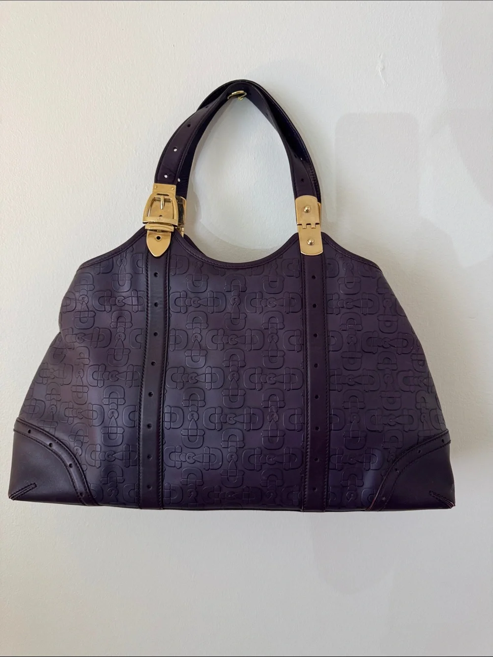 Gucci Vintage Horsebit Monogram Embossed Leather Tote Shoulder Bag Gold Hardware